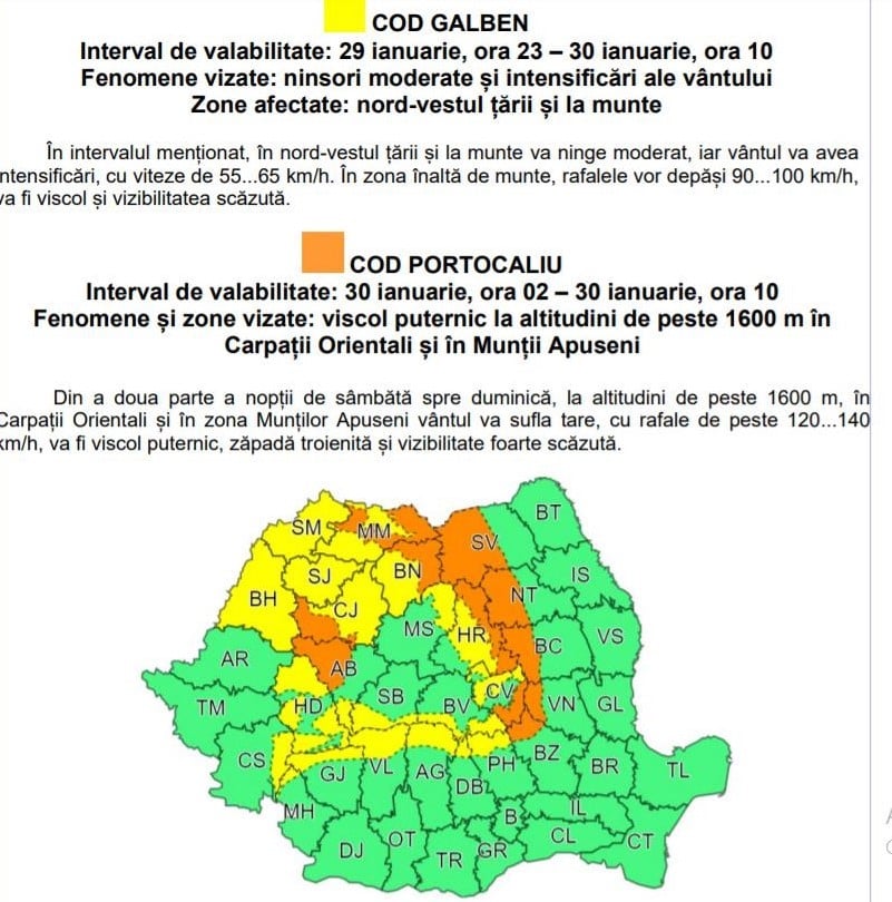 CNAIR recomandă şoferilor să evite zonele vizate de avertizări de vreme rea