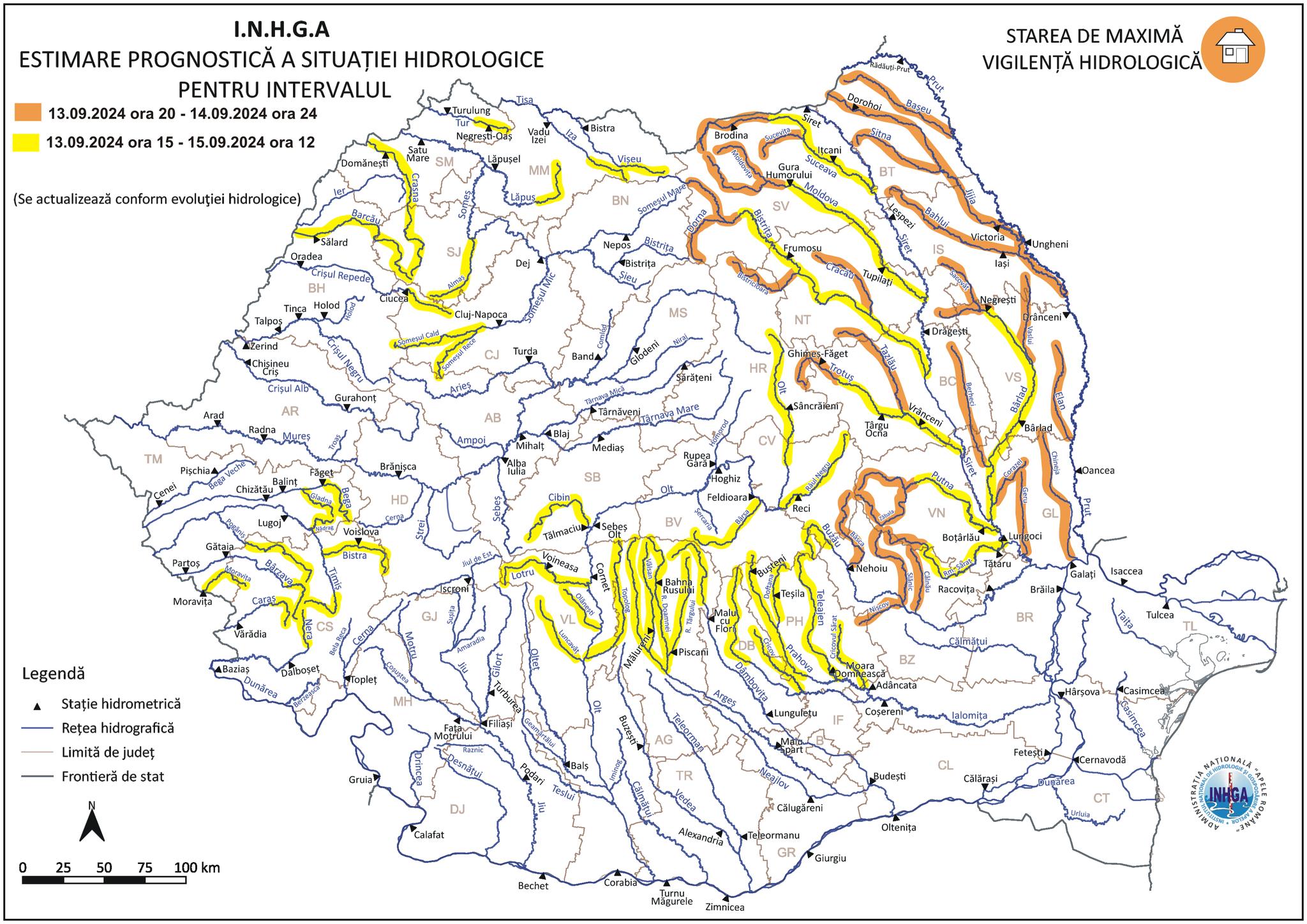 Codul roșu de inundații a fost prelungit de hidrologi până la miezul nopții în bazinele hidrografice Bârlad, Siret și Prut